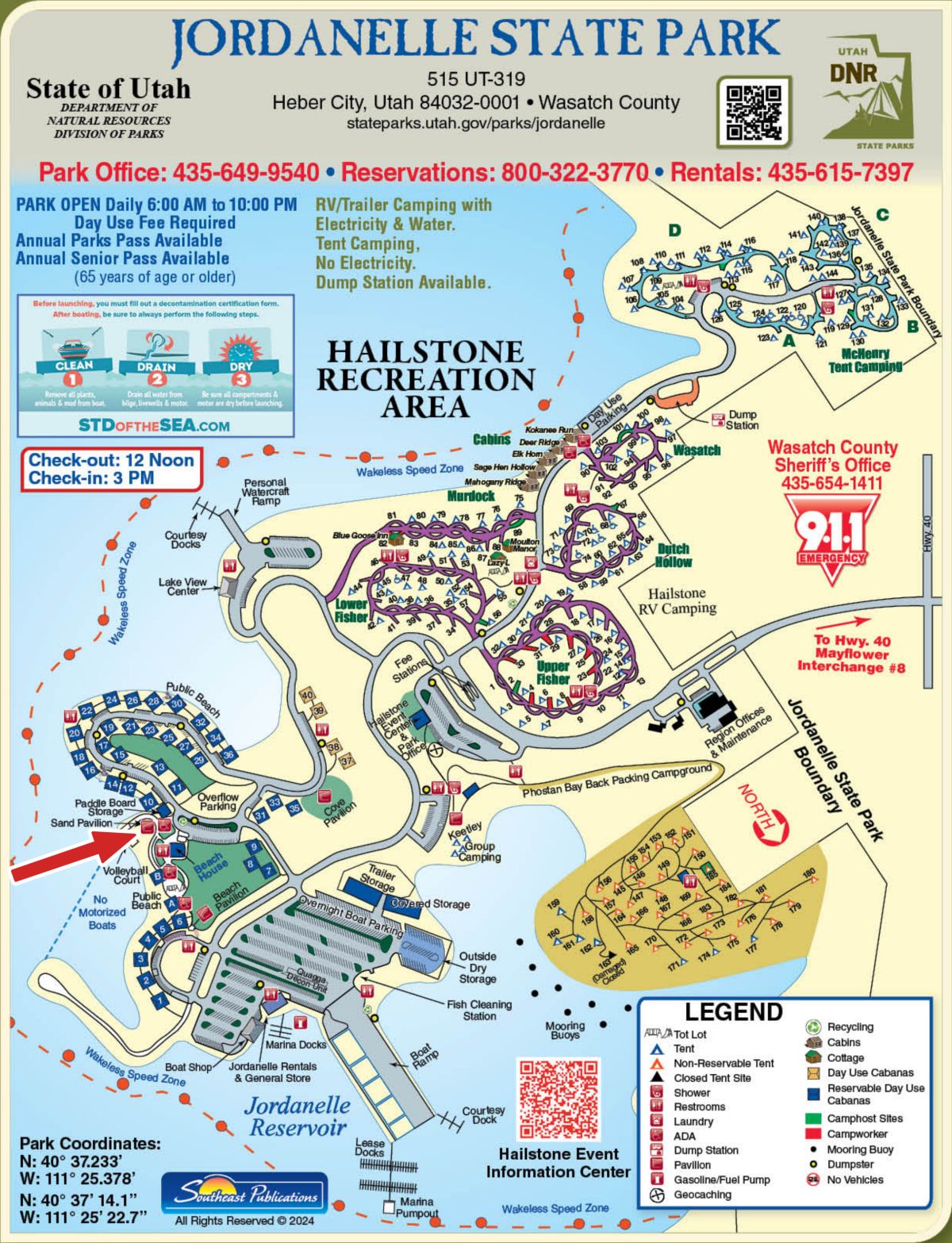 Map of Jordanelle State Park's Hailstone Recreation Area. A large red arrow points to the Sand Pavilion on the southwest shore, near the public beach, volleyball court and beach house.